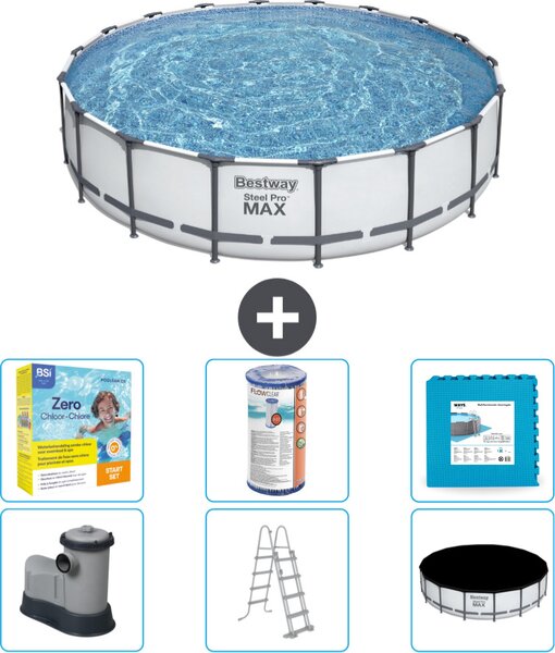 Piscina Bestway Round Steel Pro MAX - 549 x 122 cm - grigio - inclusa pompa - scala - pacchetto manutenzione copertura - filtro - piastrelle per il pavimento