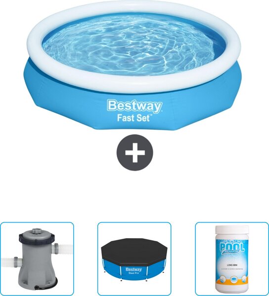 Bestway piscina gonfiabile rotonda ad ambientazione rapida - 305 x 66 cm - blu - include pompa - copertura - cloro