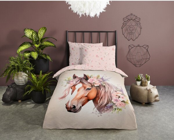 Set copripiumino e federa da bambini rosa/marrone in cotone per letto singolo 140x200 cm Avera – Good Morning