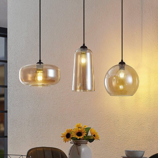 Lucande lampada a sospensione Wilja, ambra, vetro, 111 cm, a 3 luci, E27