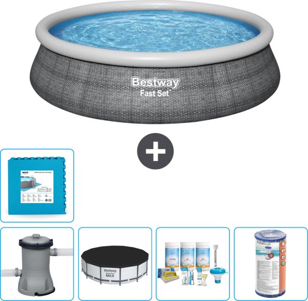 Bestway piscina gonfiabile rotonda ad ambientazione rapida - stampa rattan - 457 x 84 cm - inclusa copertura della pompa - pacchetto manutenzione - filtro - piastrelle per il pavimento