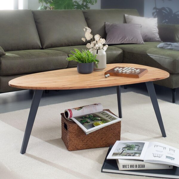 FineBuy Tavolino in legno massiccio di acacia ovale 110 cm - Tavolo da soggiorno con gambe in metallo nero - Tavolo di design fatto a mano a forma di rene