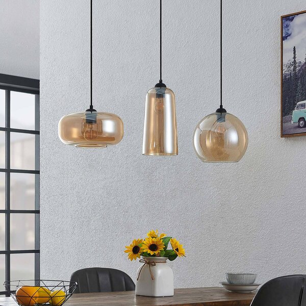 Lucande lampada a sospensione Wilja, ambra, vetro, 111 cm, a 3 luci, E27
