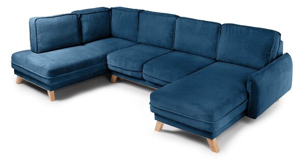 Divano angolare blu allungabile (con penisola a sinistra/a forma di "U") con rivestimento in velluto a coste Tori – Bonami Selection