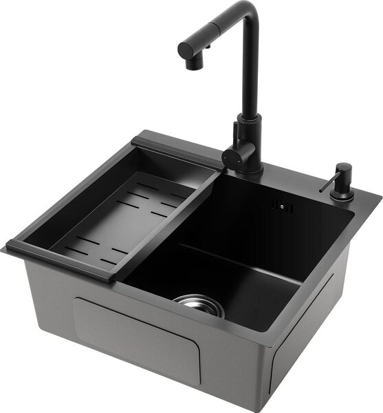 Lavello da cucina, acciaio inox, vasca singola con rubinetto estraibile, nero