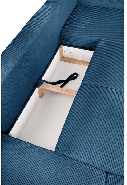 Divano angolare blu allungabile (con penisola a sinistra/a forma di "U") con rivestimento in velluto a coste Tori – Bonami Selection