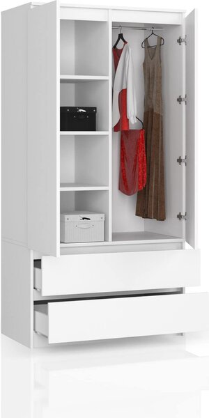 BDW, armadio 2 ante, 2 cassetti, 180x90x51 cm, bianco
