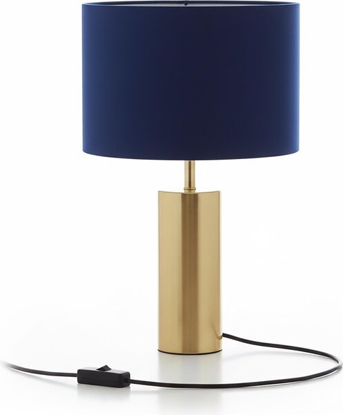 Lampada da tavolo Relaxdays, paralume in velluto e base in metallo, E27, HD 51x32 cm, lampada da comodino con cavo, camera da letto, blu scuro/oro