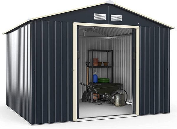 Capanno in metallo, ripostiglio con 2 porte scorrevoli e 4 finestre di ventilazione, casetta da giardino con tetto a due falde, capanno da esterno, grigio (versione ampliata - 277 x 255 x 202 cm)