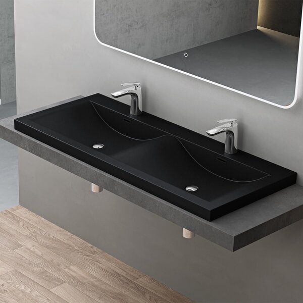 Doporro Lavabo da Incasso 120 cm Doppia Vasca in Marmoresina Nero, Lavabo Bagno Integrale Soprapiano con 2 Fori Rubinetto e Troppopieno Colossum03
