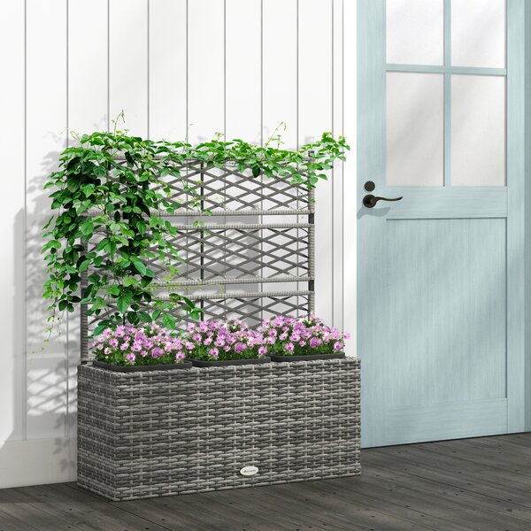 Outsunny Fioriera con Grigliato per Rampicanti con 3 Vasi in Acciaio e Rattan PE, 84x30x107cm, Grigio|Aosom