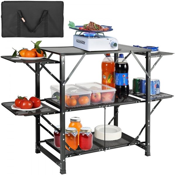 Tavolo da cucina da campeggio - Alluminio - Pieghevole e portatile - Stazione di cottura all'aperto con 4 lati in ferro - 2 ripiani - Borsa di trasporto inclusa - Veloce da montare per picnic, barbecue, spiaggia e viaggi