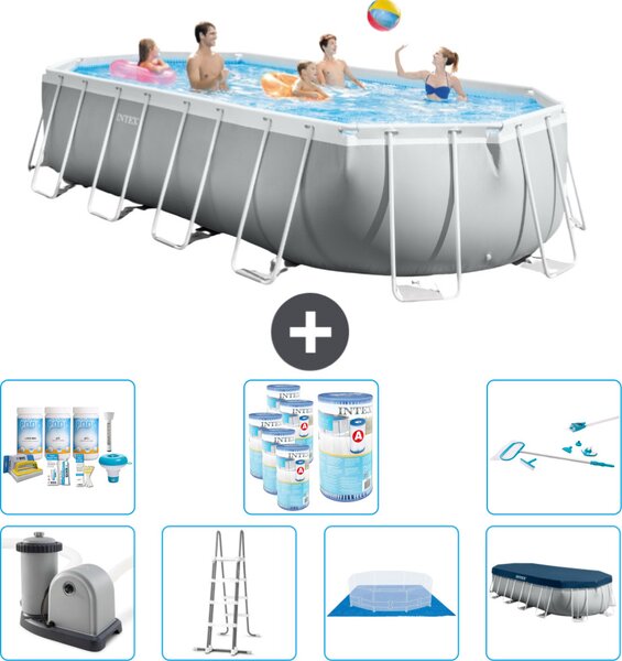 Piscina Intex Oval Prism Frame - 610 x 305 x 122 cm - Grigio - compresa pompa - scaletta - telo di fondo - pacchetto manutenzione copertura - filtro - kit pulizia