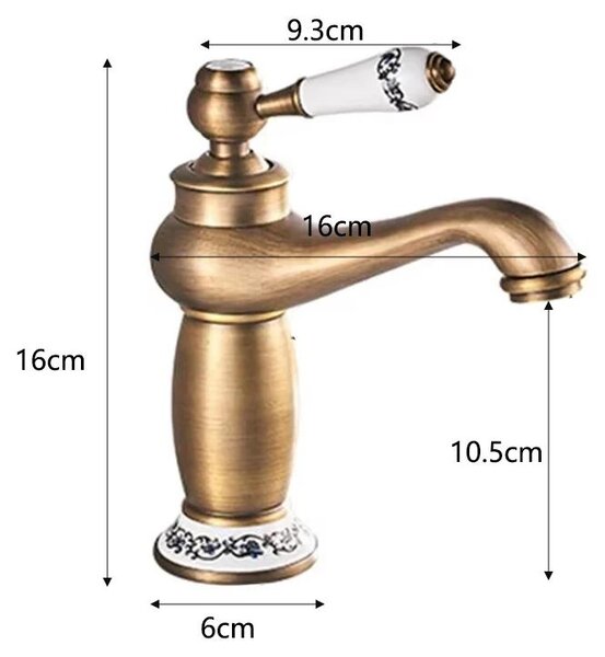 Miscelatore da bagno - Miscelatore per lavabo - Stile vintage - Ottone anticato - Monocomando - Acqua calda e fredda - Maniglia in Vetroceramica con motivo floreale - Montaggio monoblocco