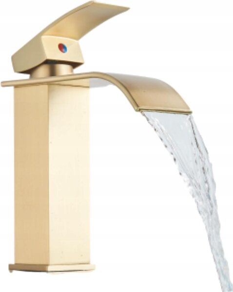 Rubinetto lavabo Ari Waterfall da appoggio, miscelatore monocomando in ottone, beccuccio a cascata, finitura oro spazzolato