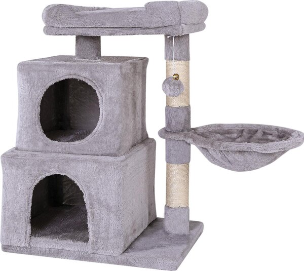 Tiragraffi per gatti lionto, 70 cm con 2 grotte, mangiatoia, lettino e palla da gioco, robusto e accogliente, grigio chiaro