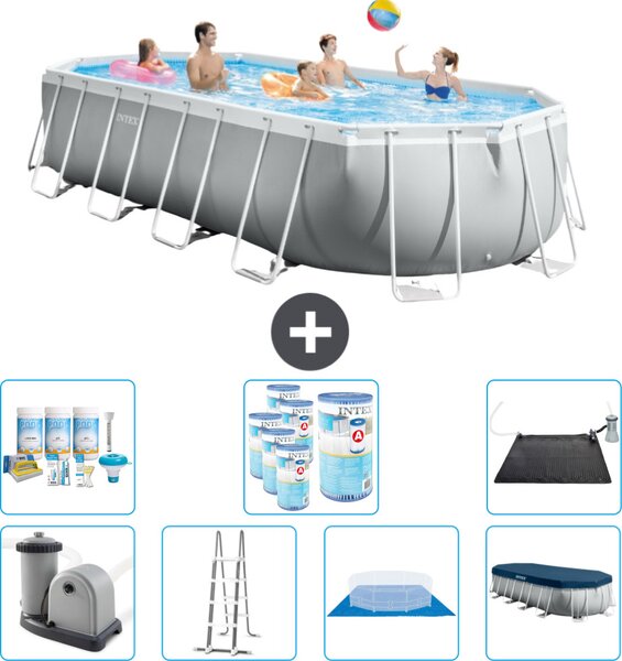Piscina Intex Oval Prism Frame - 610 x 305 x 122 cm - Grigio - compresa pompa - scaletta - telo di fondo - pacchetto di manutenzione della copertura - filtro - tappetino solare