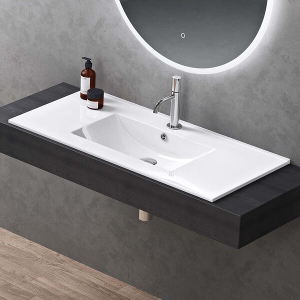 Doporro Lavabo da Incasso Rettangolare 100 cm in Vetroceramica Bianco Lucido, Lavandino Integrato con Foro Rubinetto, Installazione su Mensola o Mobile Bagno Br¹ssel912
