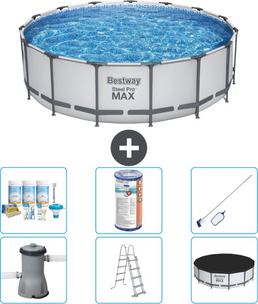 Piscina Bestway Round Steel Pro MAX - 457 x 122 cm - grigio - compresa pompa - scala - copertura pacchetto manutenzione - filtro - kit pulizia