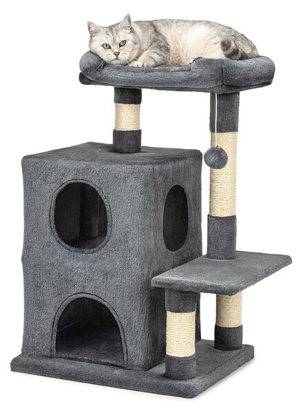 Tiragraffi lionto per gatti 80 cm, con 2 grotte, giaciglio e palla da gioco, paletti in sisal per la cura degli artigli, grigio scuro