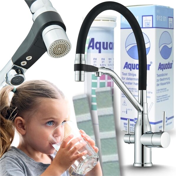 Rubinetto da cucina a 3 vie Ari Magneto con doccetta estraibile, beccuccio girevole 360 gradi, cartuccia Vetroceramica, cromato argento