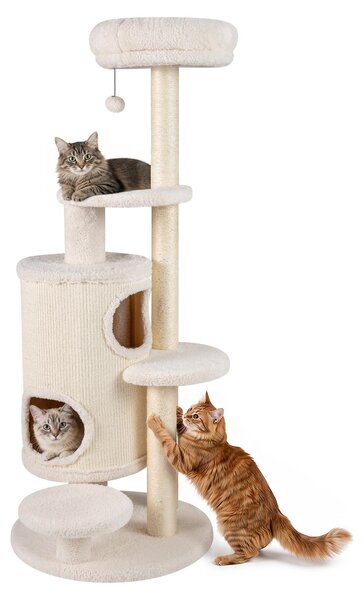 KOMFOTTEU, tiragraffi a 6 livelli, 150 cm di altezza, con 2 rifugi per gatti, pali in sisal e piattaforme imbottite. Torre per gatti, tiragraffi con pallina appesa, albero da gioco per gatti, colore bianco