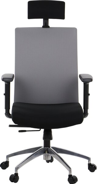 Sedia da ufficio ergonomica girevole RIVERTON F/H/AL, braccioli regolabili, poggiatesta, base in alluminio, seduta scorrevole (avanti-indietro), nero/grigio
