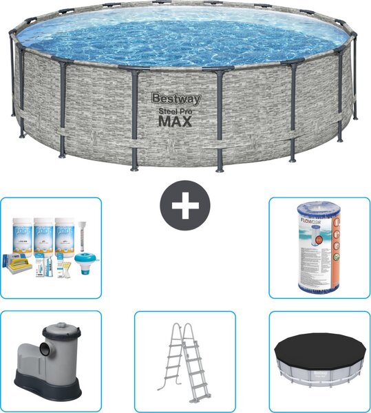 Piscina Bestway Round Steel Pro MAX - stampa su pietra - 488 x 122 cm - inclusa pompa - scala - copertura pacchetto manutenzione - filtro