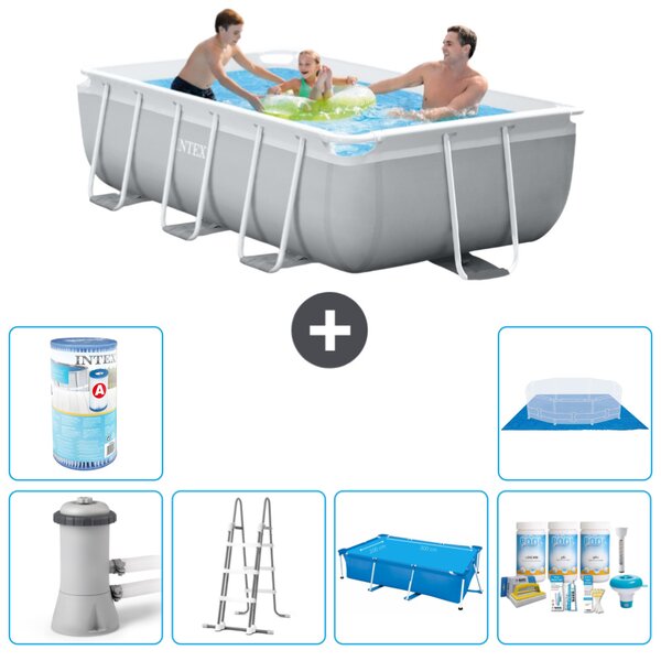 Piscina Intex con struttura a prisma rettangolare - 300 x 175 x 80 cm - grigio - compresa pompa - scala - tenda da sole - pacchetto manutenzione - filtro - telo di fondo