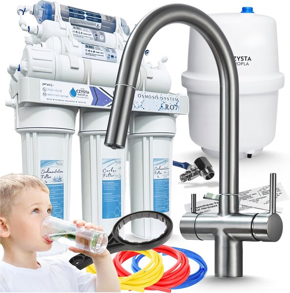 Rubinetto da cucina a 3 vie Ari Slender con doppia uscita per acqua filtrata, beccuccio girevole, grafite, con sistema filtro RO7 7 stadi