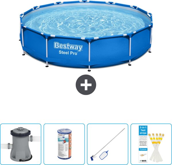 Piscina Bestway Round Steel Pro - 366 x 76 cm - blu - compresa pompa - filtro - kit di pulizia - strisce reattive
