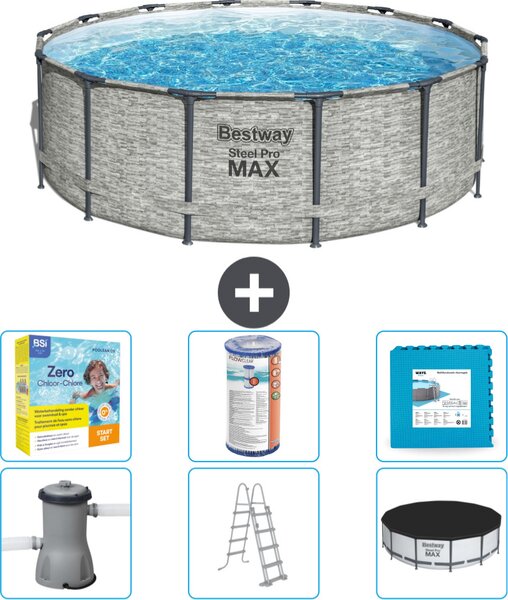 Piscina Bestway Round Steel Pro MAX - stampa su pietra - 427 x 122 cm - inclusa pompa - scala - copertura pacchetto manutenzione - filtro - pavimento in piastrelle