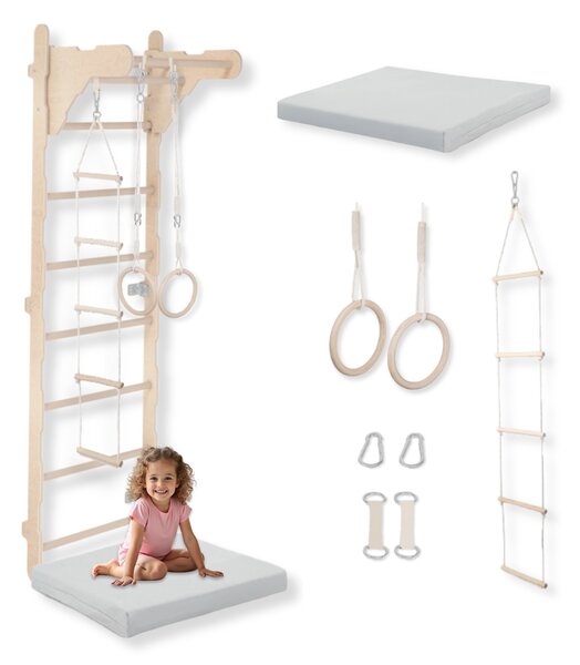 Scala ginnica per bambini (210 cm), Scala a muro in legno, Struttura per arrampicata per bambini, Ruote ginniche, Materasso protettivo