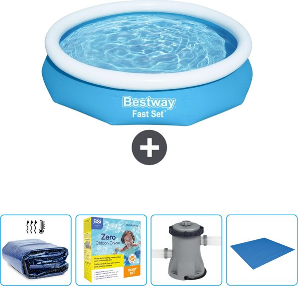 Piscina gonfiabile rotonda Bestway a presa rapida - 305 x 66 cm - blu - include tenda da sole - pacchetto manutenzione - pompa - telo di fondo