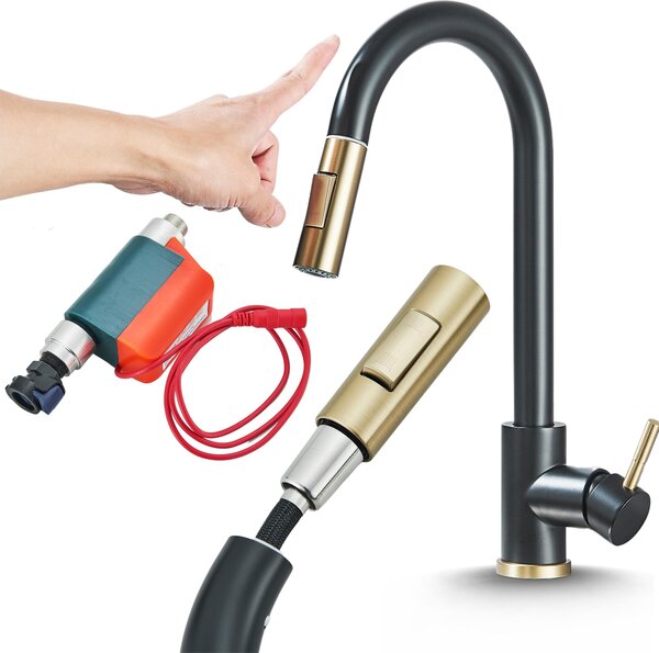 Rubinetto da cucina Ari TOTTO con doccetta estraibile, sensore touch, canna girevole a 360 gradi, nero e oro