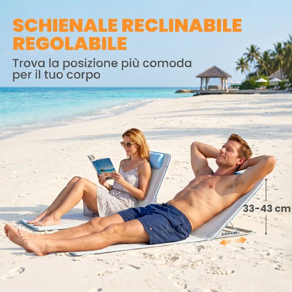 Outsunny Set 2 Lettini Prendisole Pieghevoli con Schienale Regolabile e Borsa, 48x134x36-45 cm, Beige