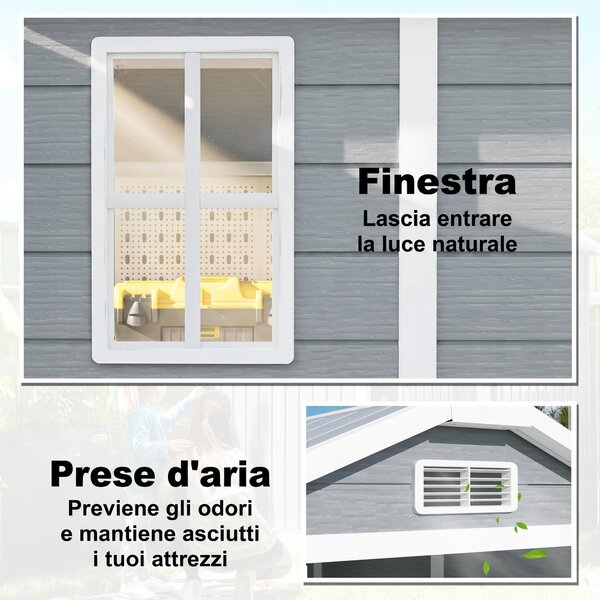 Outsunny Casetta da Giardino in Resina con Pavimento, Porta con Blocco e Finestra, 1.3 x 1.8 m, Grigio