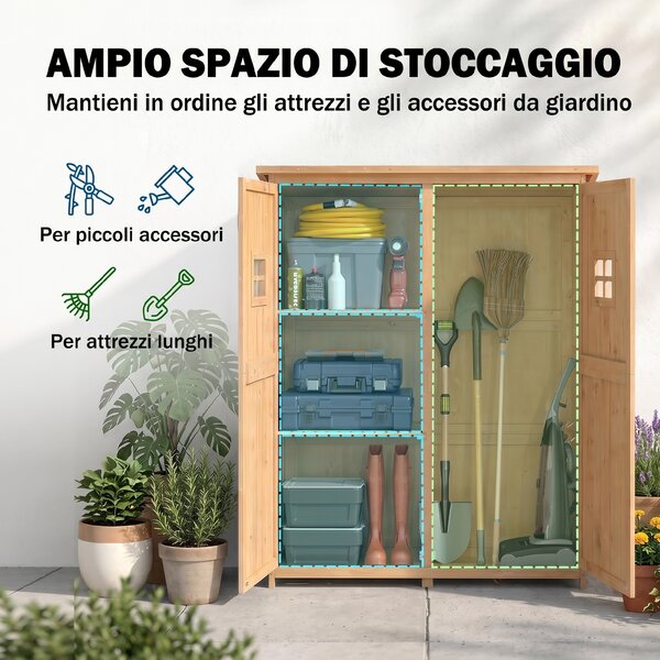 Outsunny Capanno Attrezzi Legno con Porta Doppia, Casetta da Giardino con Mensole e Finestre, 127.5x50x164 cm, Naturale | Aosom Italy