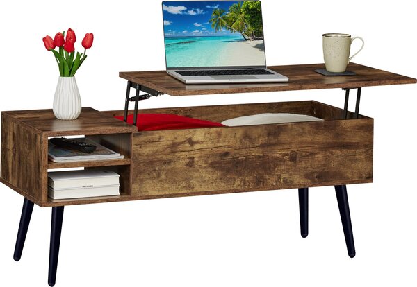 Tavolino Relaxdays con vano portaoggetti, A x L x P: 46 x 100 x 40 cm, ribaltabile, 2 scomparti laterali, tavolino da salotto in stile industriale, marrone/nero