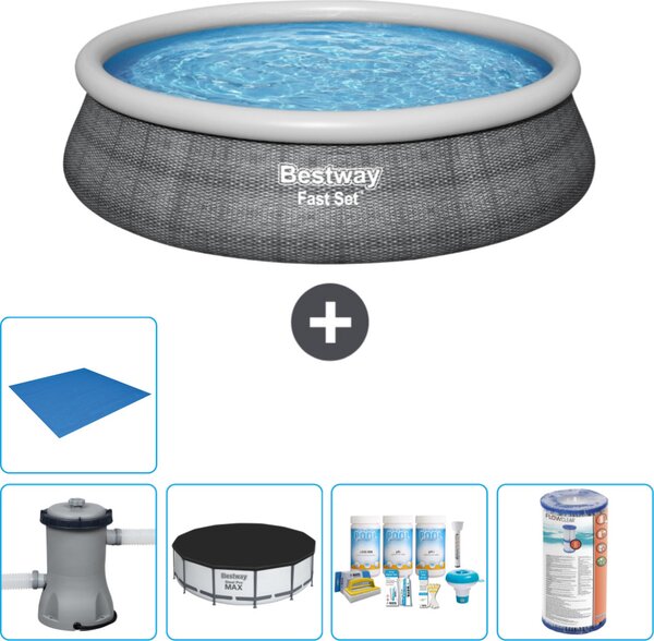 Piscina gonfiabile rotonda Bestway a presa rapida - stampa rattan - 457 x 84 cm - inclusa copertura della pompa - pacchetto manutenzione - filtro - copertura del terreno