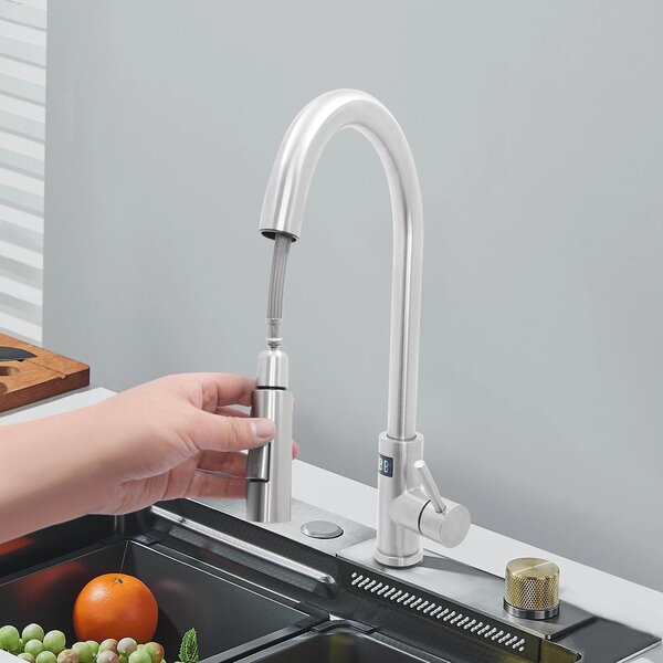 Rubinetto da cucina - Rubinetto estraibile - Orientabile a 360° - Comando a sfioramento - Display digitale della temperatura - Resistente alla ruggine - Per cucine e ristoranti - Giallo