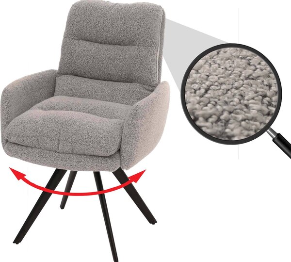 Sedia da pranzo HWC-G66, sedia da cucina, posizione girevole automatica tessuto/tessuto bouclé MVG ~ grigio chiaro, con bracciolo