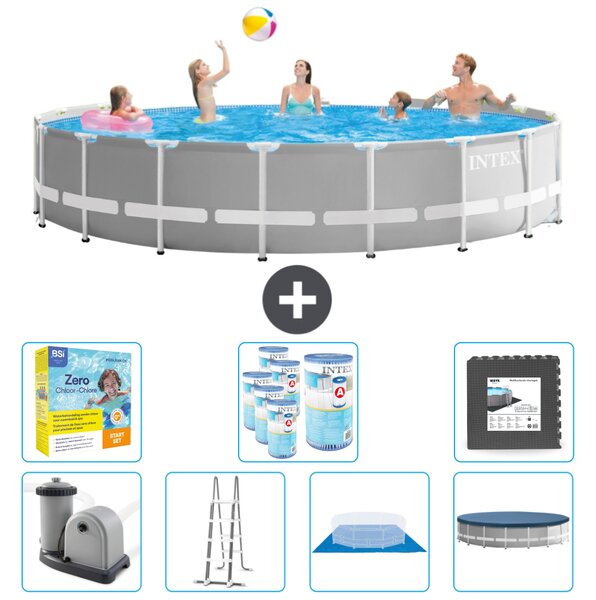Piscina Intex Round Prism Frame - 548 x 122 cm - grigio - inclusa pompa - scaletta - telo di fondo - pacchetto di manutenzione della copertura - filtro - pavimento in piastrelle
