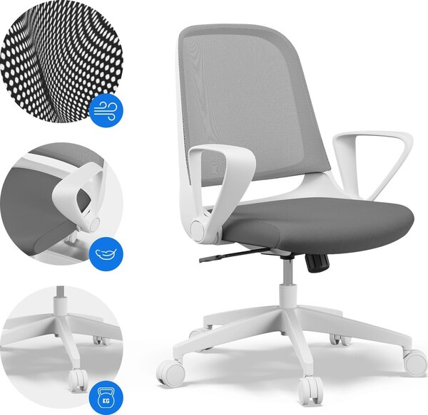 SENSE7 Sopty Sedia da ufficio ergonomica Sedia da scrivania Bianca Braccioli ribaltabili Schienale in rete Funzione oscillante Sedia da ufficio per home office Rotelle in gomma 120 kg