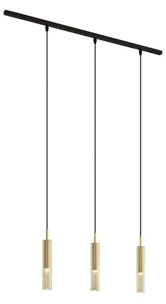 Sistema di illuminazione a binario moderno nero con 3 luci a sospensione oro con vetro ambrato monofase - Slimline Loyce