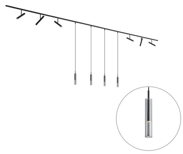 Sistema di illuminazione a binario moderno nero con 6 faretti e 4 luci a sospensione nere monofase - Slimline Avery Loyce
