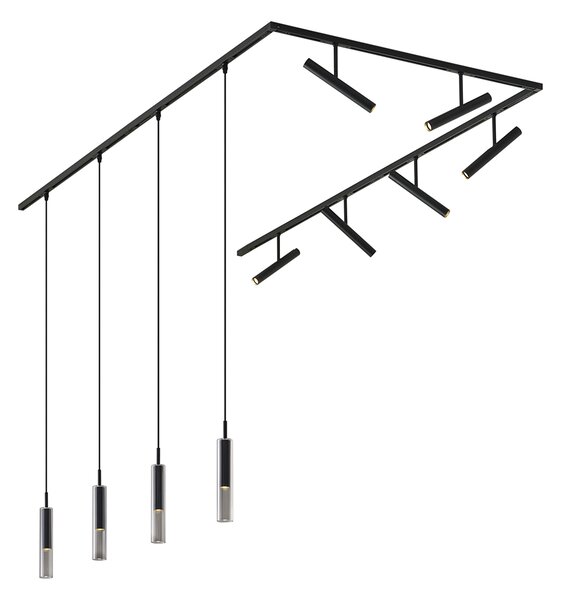 Sistema di illuminazione a binario moderno nero con 6 faretti e 4 luci a sospensione nere monofase - Slimline Avery Loyce