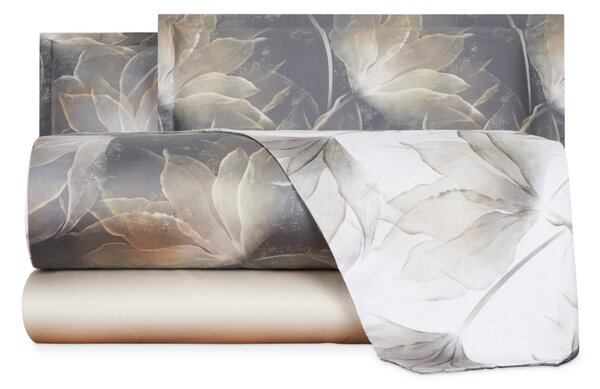 Completo Copripiumino In Raso Di Cotone Abstract Flower Matrimoniale - 255X255 175X205 + 2 Federe 50X80 Mirabello Floreale Tortora Caleffi