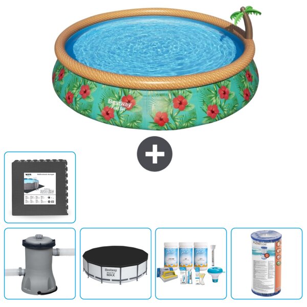 Piscina gonfiabile rotonda Bestway ad ambientazione rapida - Paradise Print - 457 x 84 cm - inclusa copertura della pompa - pacchetto manutenzione - filtro - piastrelle per il pavimento