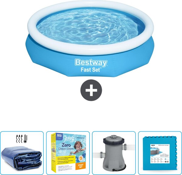 Piscina gonfiabile rotonda Bestway ad ambientazione rapida - 305 x 66 cm - blu - include tenda da sole - pacchetto manutenzione - pompa - pavimento in piastrelle